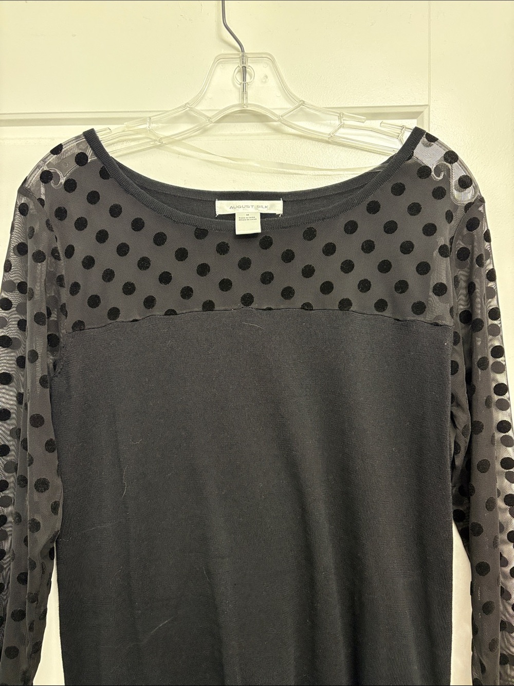 august silk Black Long Sleeve Top with Sheer Polka Dot Yoke
